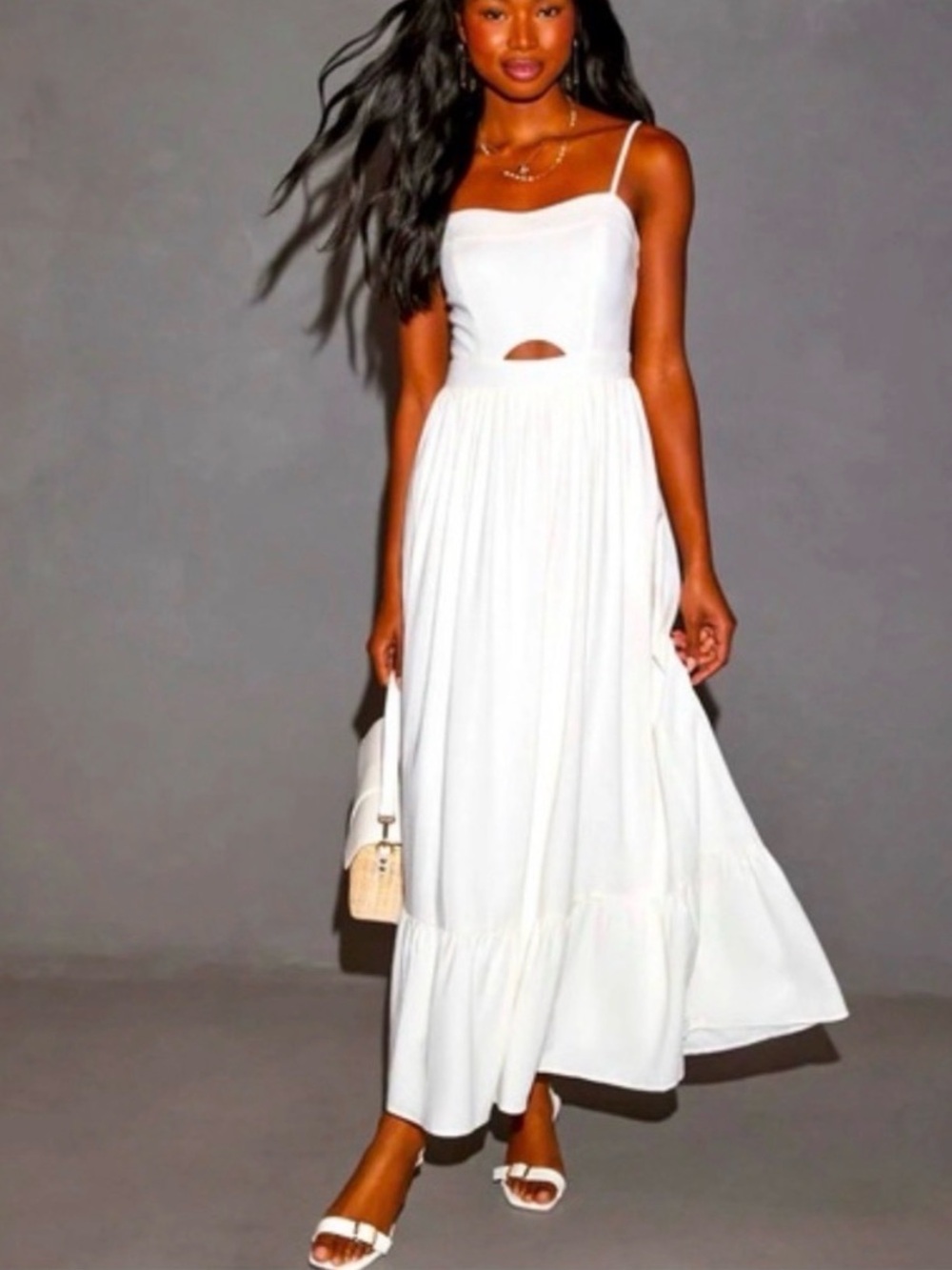 VICI White Maxi Dress with Front Cutout & Pockets
